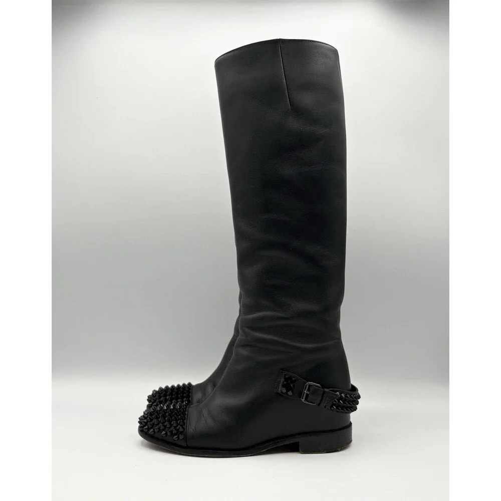 Christian Louboutin Black Leather Spike Cap Toe Egoutina Knee High Boots EU 35